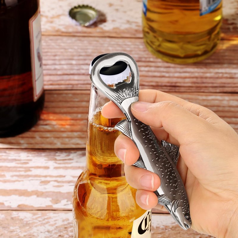 MR.BARWARE Trout Beer Bottle Opener – Fishing Gift for Men, Dad, Grandpa – Silver Fish Shaped Bar Tool with Gift Bag – Perfect for Fathers Day, Birthday, Christmas, Camping