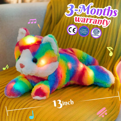 Glow Guards 13" Light up Musical Rainbow Cat Stuffed Animal,LED Night Light Glowing Singing Snuggle Kitty Plush Toy Glow in The Dark,Christmas Birthday Gifts for Toddlers Kids Children
