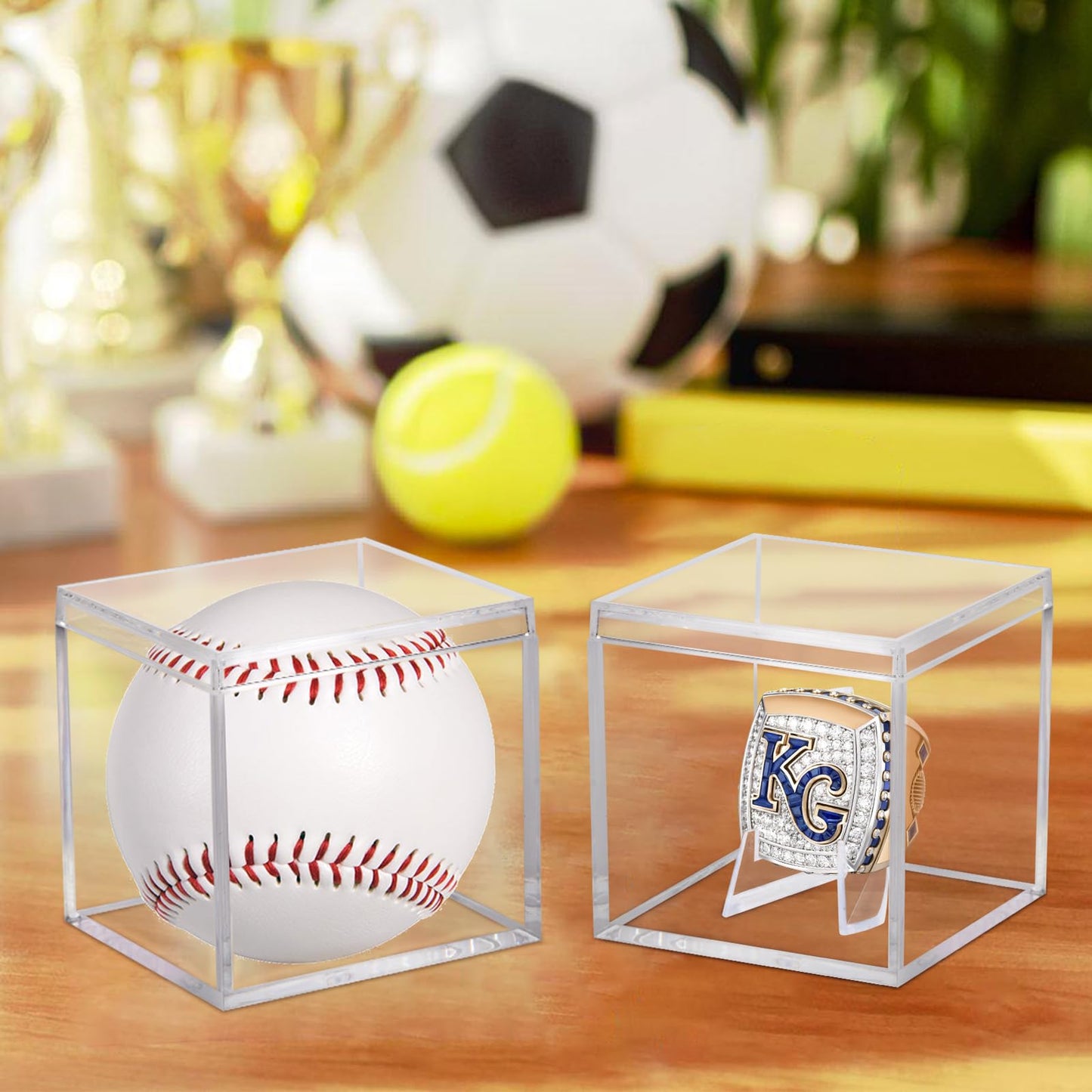 3 Pack Championship Ring Display Case Clear Acrylic Display Case Mini Football Baseball Softball Ring Holder Display Box Single Coin Stand 1 Slot Ring Hole Storage Box for Sports Fans, 2.16 Inch