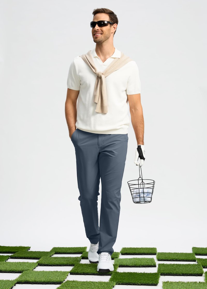 Pudolla Men's Golf Pants Work Dress Comfy Pants Casual Slacks Trousers with Pockets(Grey_Blue 30Wx34L)