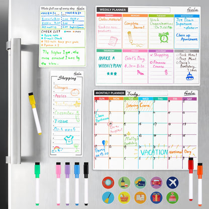 4 Pack Dry Erase 2024 Magnetic White Board Calendar Kit, Feela Monthly Weekly Calendar for Wall Refrigerator, Office Supplies with 8 Magnetic Erase Markers, 1 Eraser, 10 Stickers for Schedule