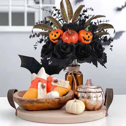 Bessol Halloween Artificial Flowers Decorations,Fake Black Roses Eucalyptus Pumpkins with Vase Arrangements Halloween Table Centerpiece for Kitchen Dining Living Room Home Indoor Decor