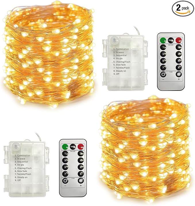 2 Pack Fairy Lights Battery Operated with Remote,Each 40FT 120 LED Copper Wire Twinkle Lights,Timer Waterproof Outdoor 8 Modes Starry String Lights for Party Wedding Christmas Decor(Warm White)