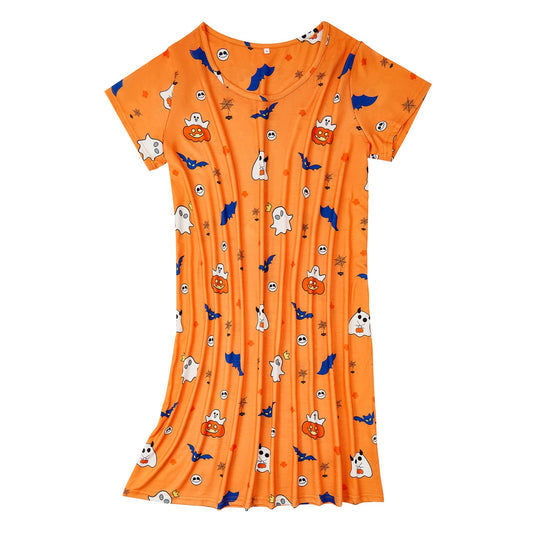 Halloween Nightgowns for Women Short Sleeve Pumpkin Sleep Shirt Gothic Nightgown Skul T Shirt Dress Orange Night Gowns Cotton Night Shirts for Sleeping Halloween Pumpkin XL