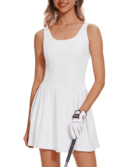 M MOTEEPI Golf Dresses for Women Sleeveless Square Neck Athletic Dress Pleated Fall Tennis Dress with Built in Shorts and Bra White Large