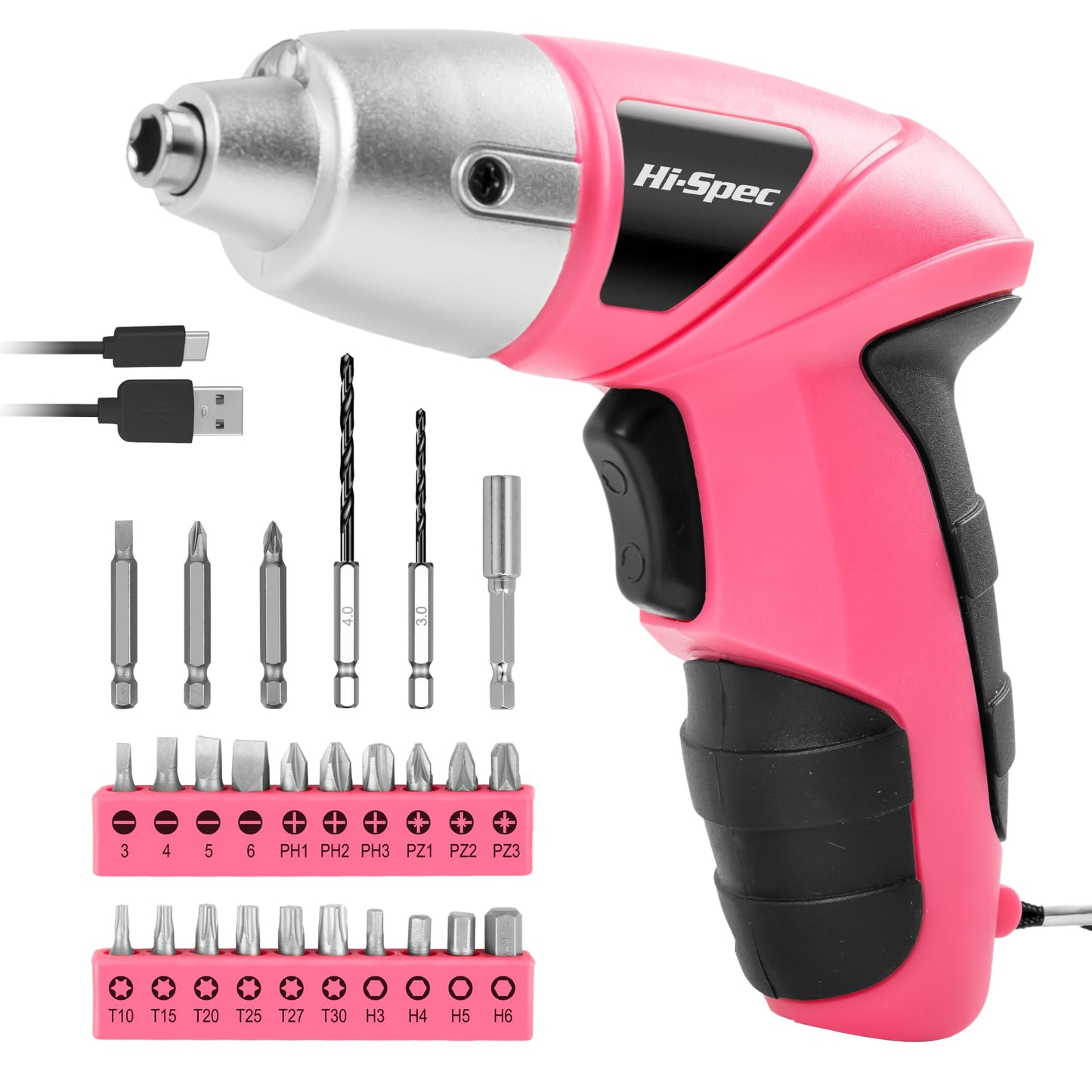 Hi-Spec 27 Pc Electric Screwdriver Pink 3.6V with 23 Drill Bits Set, Rechargeable Battery, LED Light & Cordless Screwdriver – Ideal for Home, Office, DIY Projects & Women