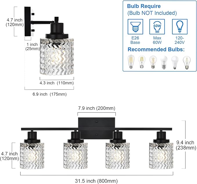MELUCEE Matte Black Vanity Light 4 Lights Modern Bathroom Light Fixtures with Hammered Glass Shade, Indoor Metal Wall Lights for Powder Room Hallway Kitchen, E26 Base
