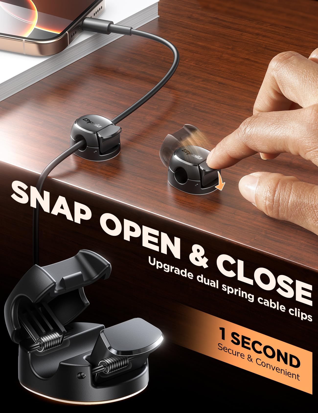 8Pack Cord Organizer [Dual Spring & Clasp, Max Secure] Cable Clips - Chfeila Cable Management, Adhesive Phone Charging Wire Holder for Nightstand/Wall, Home Office Desk Accessories Decor Essentials