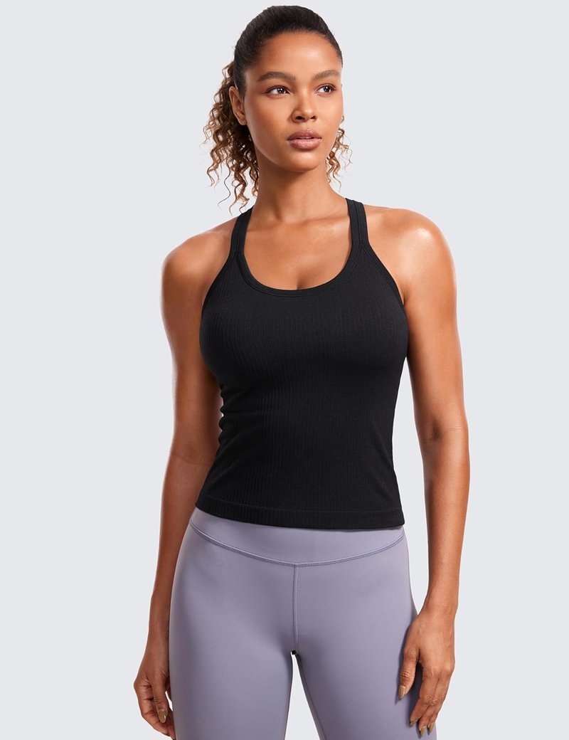 Seamless Ribbed Scoop Neck Tank Top for Women | Padded Athletic Camisole with Built-In Bra