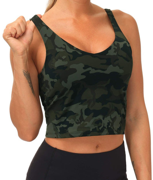 Women’s Longline Sports Bra Wirefree Padded Medium Support Yoga Bras Gym Running Workout Tank Tops Green Camo