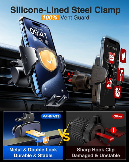 VANMASS No.1 Top BEST Car Phone Holder [Ultimate True Military-grade] Universal Mobile Cell Windscreen Dashboard Cradle Upgraded Suction & Clip Vent Van GPS Vehicle Mount for iPhone All Smartphones