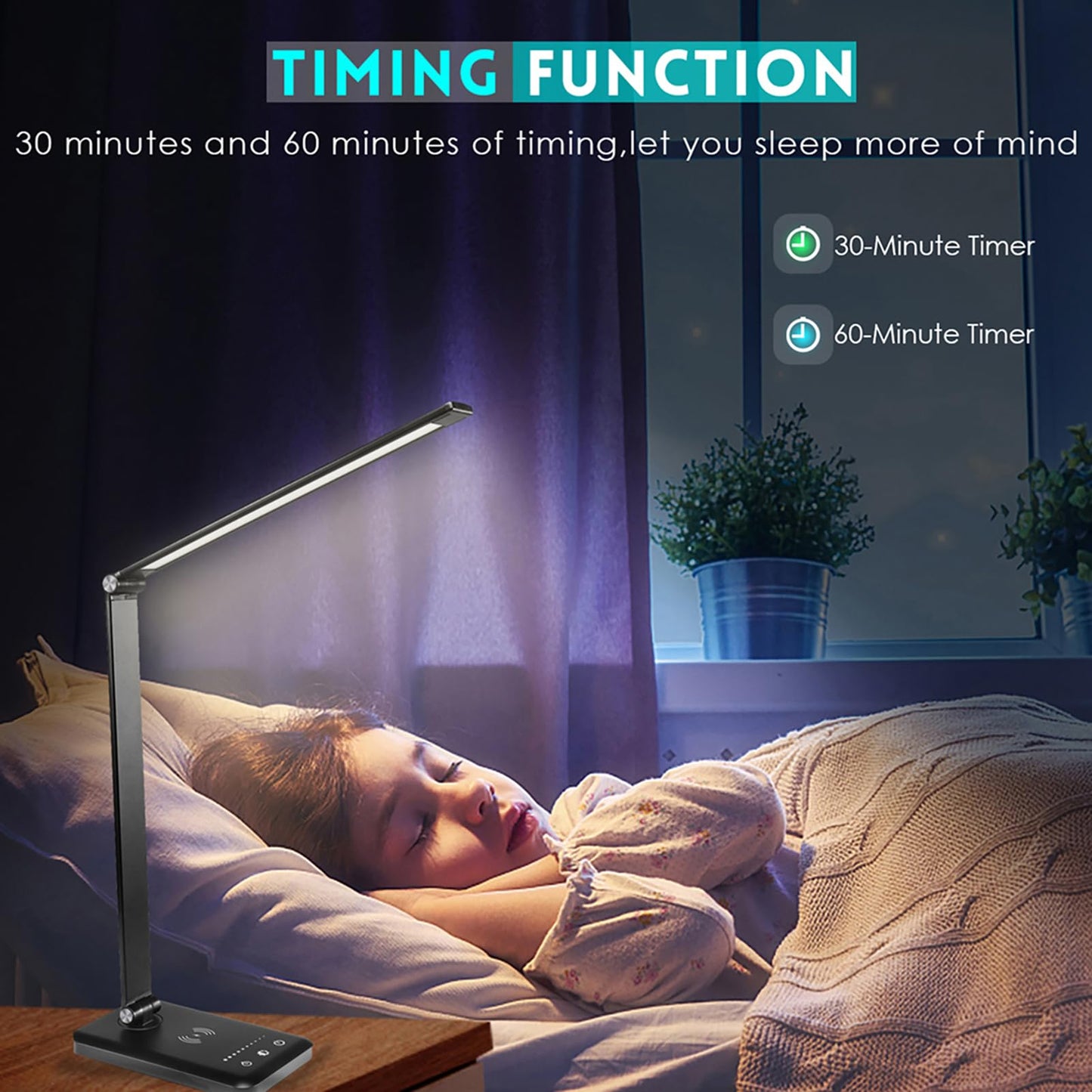 BIENSER LED Desk Lamp with Wireless Charger, USB Charging Port, Table Lamp with 10 Brightness, 5 Lighting Colors, Dimmable Eye-Caring Desk Lamps for Home Office, Touch Control, 30/60min Auto Timer