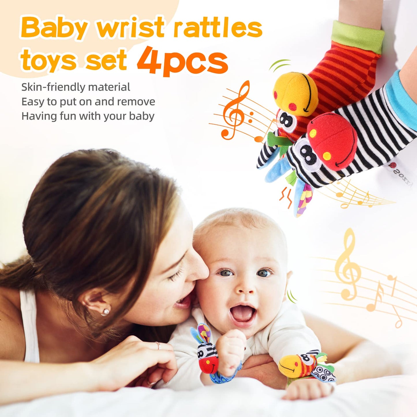 PHEZAPA Baby Toys 0-6 Months, Wrist Rattles Foot Finder Socks Set, Infant Rattle Socks and rattles Wrist, Soft Newborn Sensory Toys,Infant Wrist Rattles for Babies 0-6 Months,Baby Gifts 6-12 Months