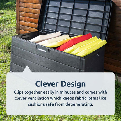 idooka Large Garden Storage Box with Lid 340L - Water Resistant Plastic Lockable - Furniture Cushions/Wellies/Logs/Coal/Garden Tool Grey Deck Box/Garage
