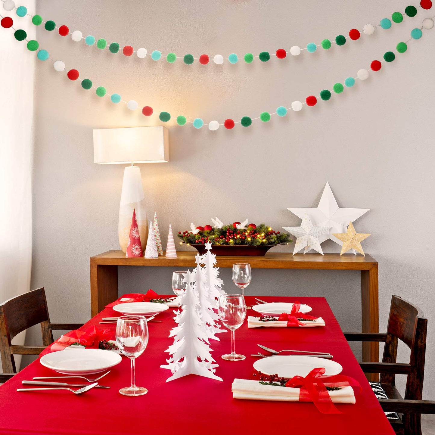 2 Pieces Christmas Felt Ball Garland Pom Pom Garlands Ball Banner for Christmas Party Festivals Decoration (Red, Dark Green, Light Green, White)