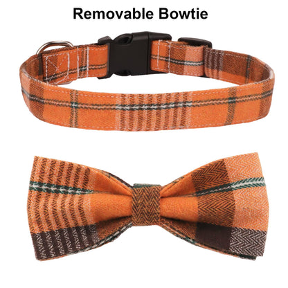 PTDECOR Fall Dog Collar with Bow, Halloween Thanksgiving Bowtie Collar, Adjustable Cotton Yellow Orange Plaid Bowtie Collars for Large Dogs Pets (Large)
