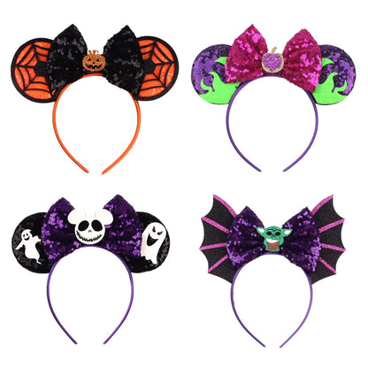 Tarocynn 4 PCS Halloween Mouse Ears Headbands Halloween Sequin Pumpkin Bows Ghost Headbands for Cosplay Party Favors