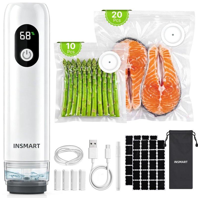 INSMART Compact Vacuum Sealer for Food (Vacuum Sealer Machine + 30 Reusable Vacuum Bags), Powerful Handheld Vacuum Sealer Machine with Visible Water Tank, LED Display & Portable