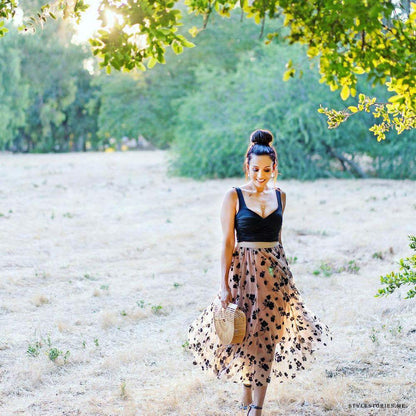 CHICWISH Women's Caramel 3D Posy Double-Layered Mesh Midi Skirt, Size S-M