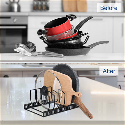 Toplife Pots and Pans Organizer Rack for Cabinet and Countertop, 10+ Pot Lids, Bakeware and Cookware Organizer Rack Holder with 10 Adjustable Compartments - Brown