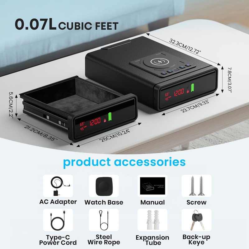 Biometric Fingerprint Gun Safe with Phone & Watch Wireless Charging, 3 Quick Access, Clock Handgun Safe with Adjustable Brightness, Backlit Keypad, Pistol safe for home, office.