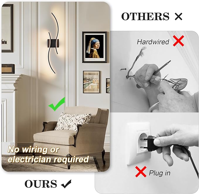 Battery Operated Wall Sconces Set of Two with Remote Control, Stepless Colors 3000K-6000K & Dimming, LED Black Wireless Wall Light for Living Room, Hallway, Bedroom, 31.5 Inch (2 Pack)