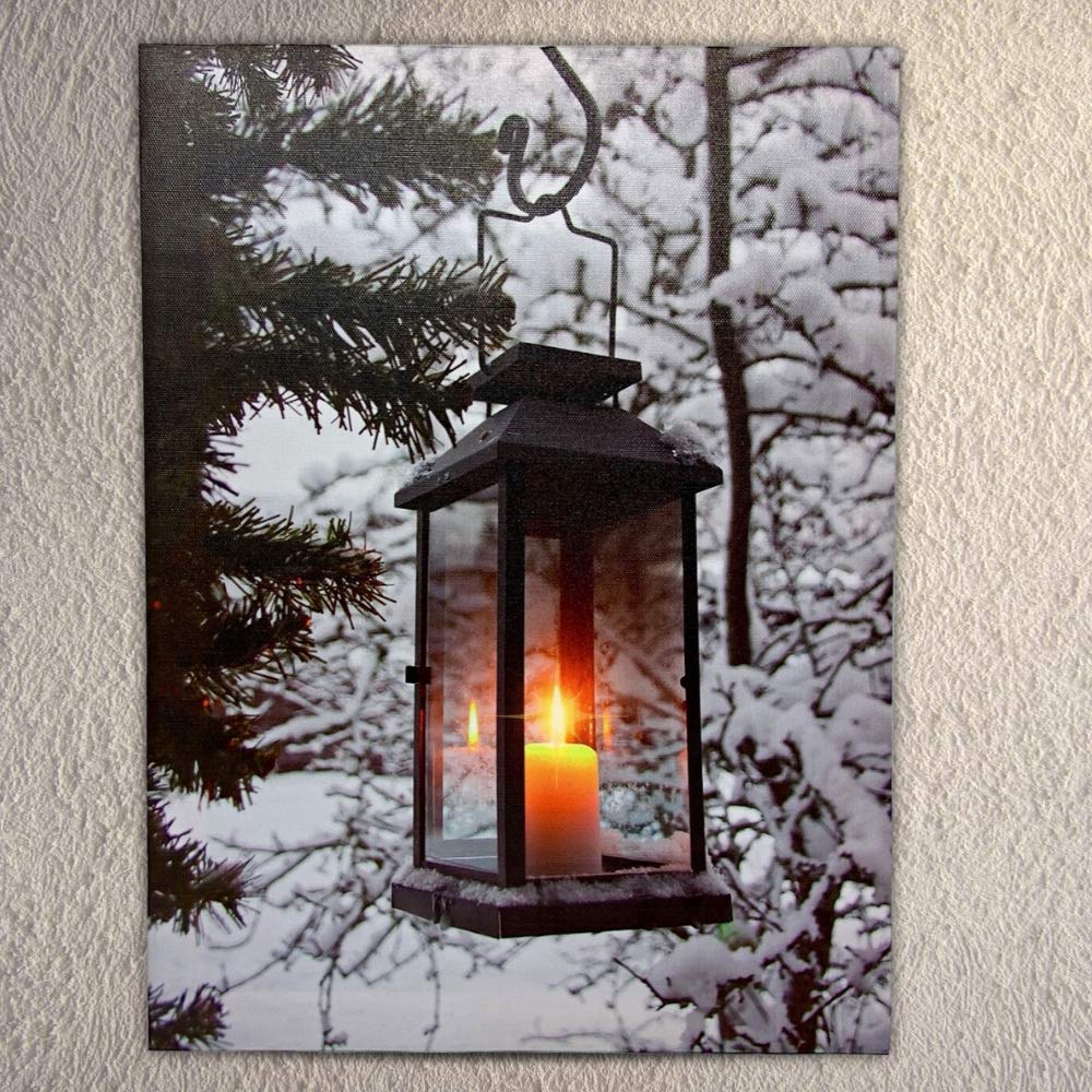 BANBERRY DESIGNS LED Wall Art - Winter Lantern Lighted Canvas - Light Up Snowy Scene With a Glowing Black Lantern - Light Up Canvas Print - Christmas Wall Art - Measures 11.75" x 15.75"
