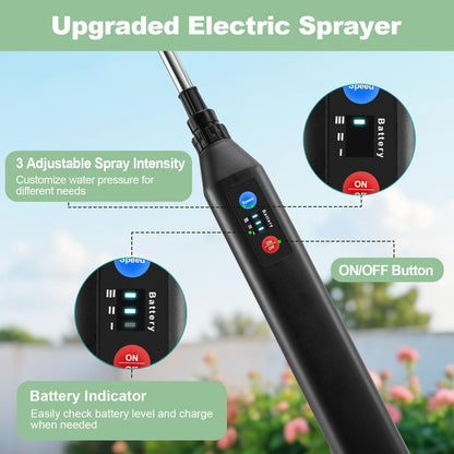 Battery Powered Sprayer 1.35Gallon/5L, 2025 Upgraded Electric Sprayer in Lawn and Garden with 3 Adjustable Force, Battery Indicator, Rechargeable Handle, Telescopic Wand,3 Mist Nozzles,Shoulder Strap