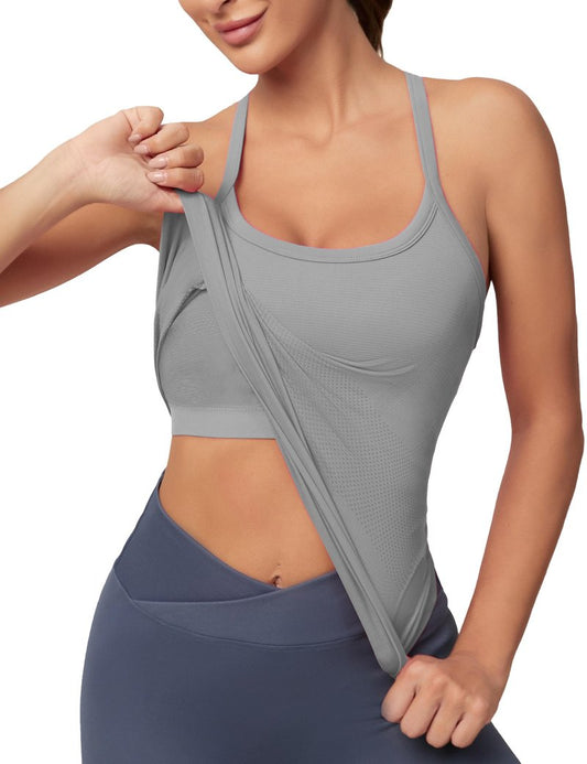 MathCat Workout Tank Tops for Women with Built in Bra, Sleeveless Gym Tops Seamless Racerback Athletic Yoga Shirts Light Grey