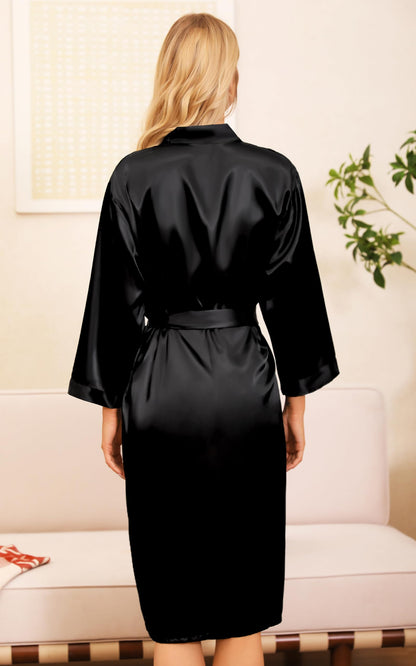 Sopesil Women's Satin Dressing Gowns Long Ladies Kimono Morning Robes Bridal Soft Wedding Party Sleepwear V-Neck,Black, L