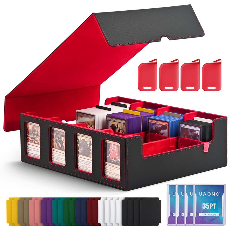 UAONO Trading Card Storage Box with Commander Display; 2400+ Deck Box for MTG with Removable Cover; Top Loaders Card Case fits Magic TCG PTCG Sports Cards; 24 Dividers, 4 Stoppers (Black, Red)