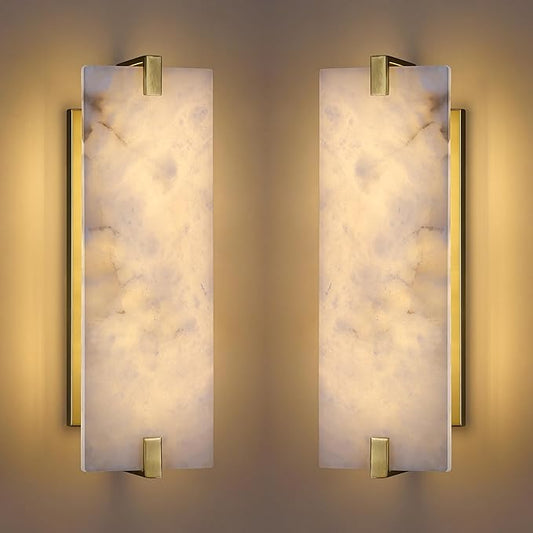 2 Pack 2 Light Square 16.7" Alabaster Marble Bathroom Wall Sconce Modern Concise Style Wall Light Fixture,Gold Finish for Bedroom Hallway Bedside