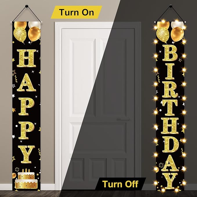 Birthday Lighted Banner Decorations for Men Women - Black Gold Happy Birthday Porch Sign with LED Light Party Supplies, 16th 21st 30th 40th 50th 60th 70th 80th 90th Bday for Indoor Outdoor