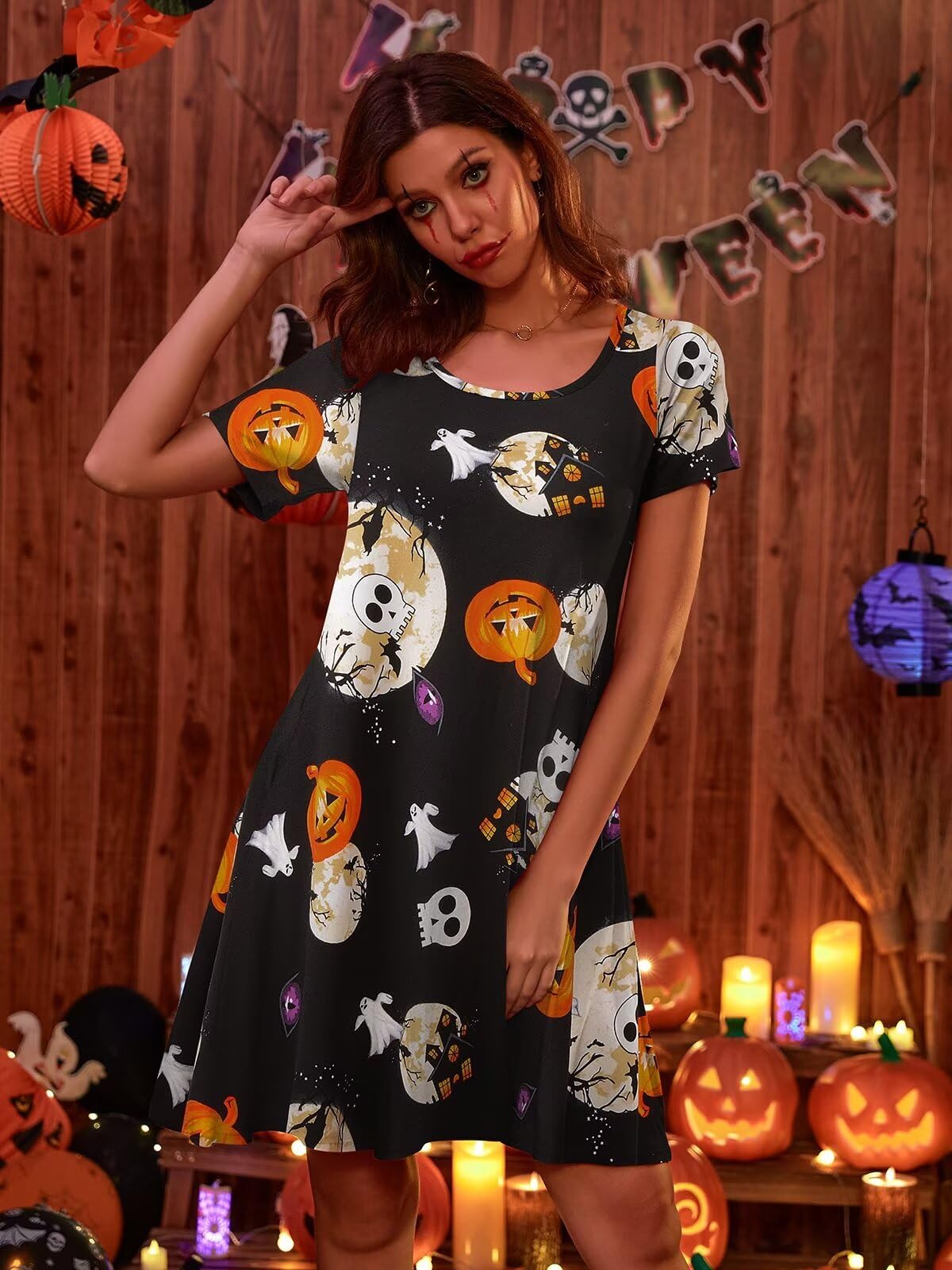 BELAROI Womens Plus Size Halloween Dresses Short Sleeve Swing Tunic Tshirt Dress Pumpkin, Witch, Horror Pattern Print Halloween Costumes(2X,Flower42)
