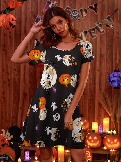 BELAROI Womens Plus Size Halloween Dresses Short Sleeve Swing Tunic Tshirt Dress Pumpkin, Witch, Horror Pattern Print Halloween Costumes(2X,Flower42)