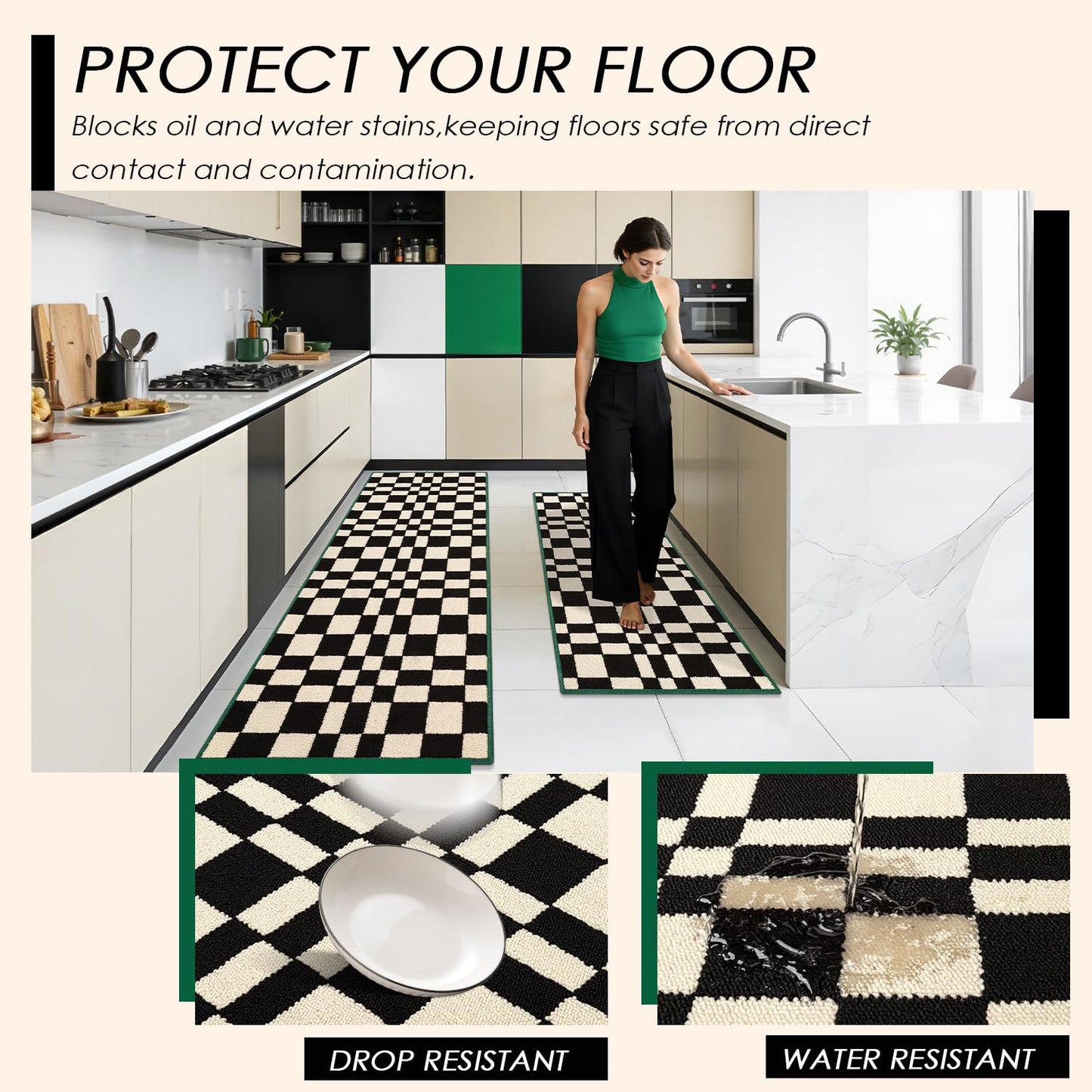 hicorfe Checkered Grid Checkerboard Kitchen Rugs,Set of 2 Non Slip Kitchen Mats for Floor,Washable Kitchen Runner Rugs Carpets for Hallways Entryway Laundry Room(20"x48"+21"x59",Black)