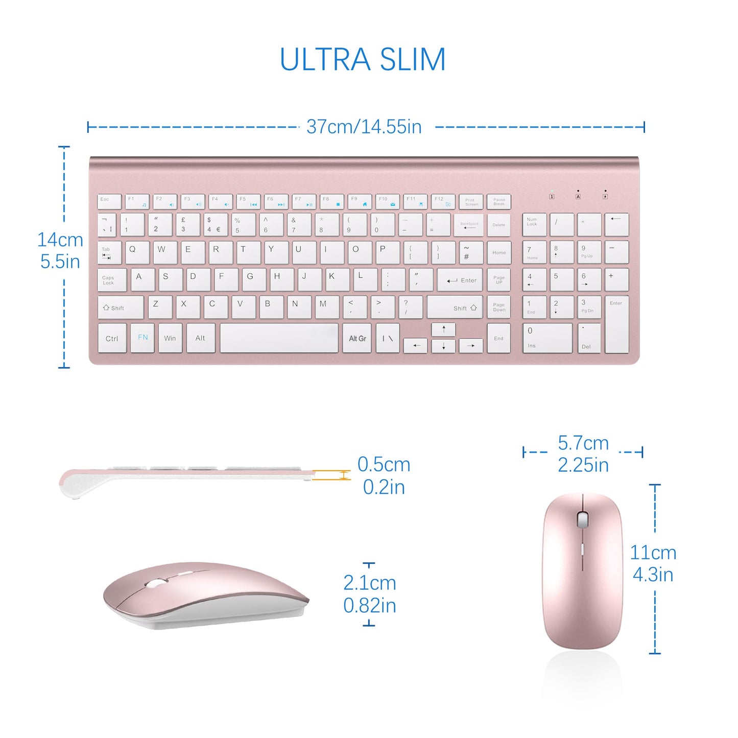 Wireless Keyboard and Mouse Ultra Slim Combo, TopMate 2.4G Silent Compact USB 2400DPI Mouse and Scissor Switch Keyboard Set with Cover, 2 AA & 2 AAA Batteries,for PC/Laptop/Windows/Mac-Rose Gold White