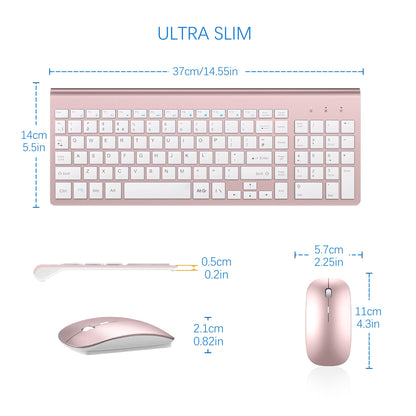 Wireless Keyboard and Mouse Ultra Slim Combo, TopMate 2.4G Silent Compact USB 2400DPI Mouse and Scissor Switch Keyboard Set with Cover, 2 AA & 2 AAA Batteries,for PC/Laptop/Windows/Mac-Rose Gold White