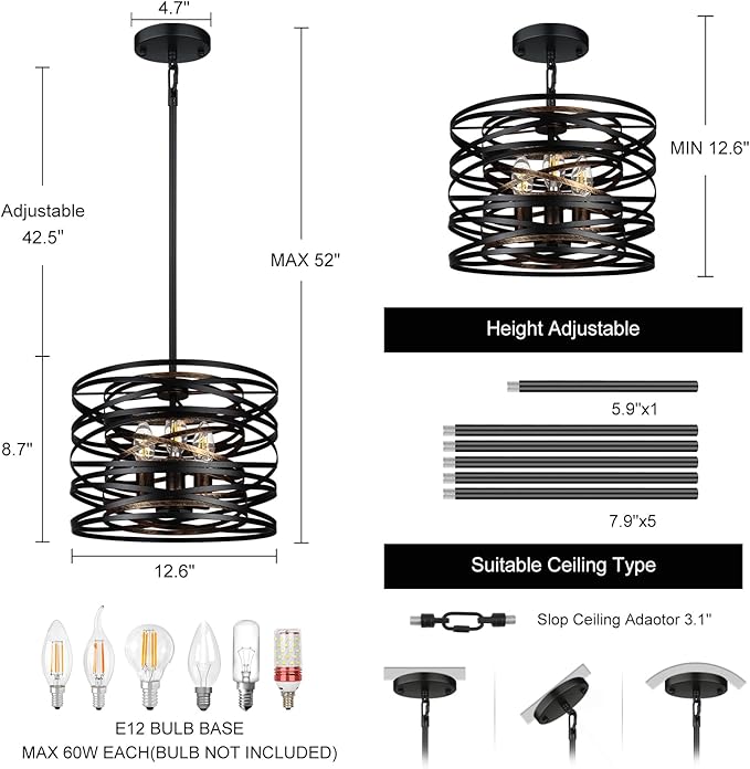 3-Light Farmhouse Black Chandelier for Dining Room Lighting Fixtures, 12.6'' Rustic Drum Ceiling Hanging Pendant Light for Foyer Entryway Kitchen Bedroom, Black with Wood-Grain Metal Interior