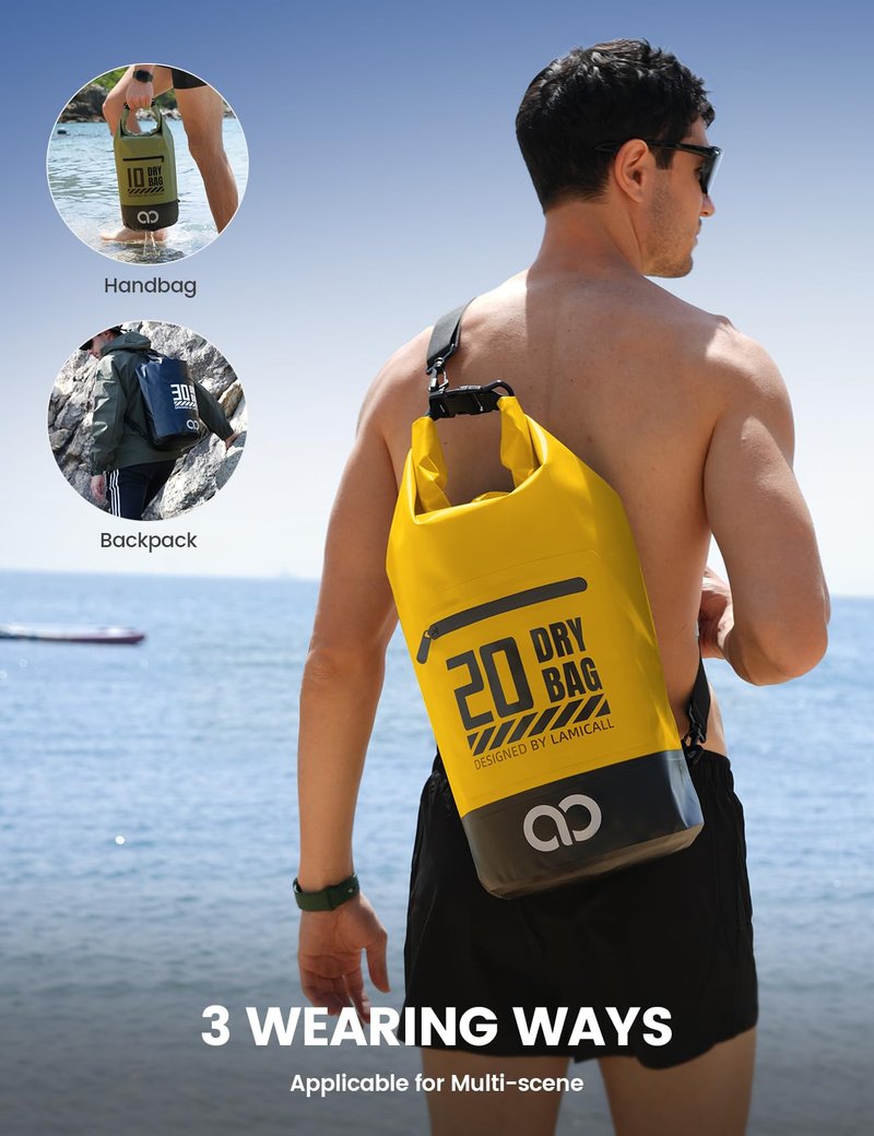 Lamicall Waterproof Dry Bag with Phone Pouch - 5L/10L/20L/30L/40L Floating Roll Top Backpack for Kayaking Boating Beach Camping Fishing - Heavy Duty 500D PVC Marine Dry Sack for Men,Women, Yellow 10L