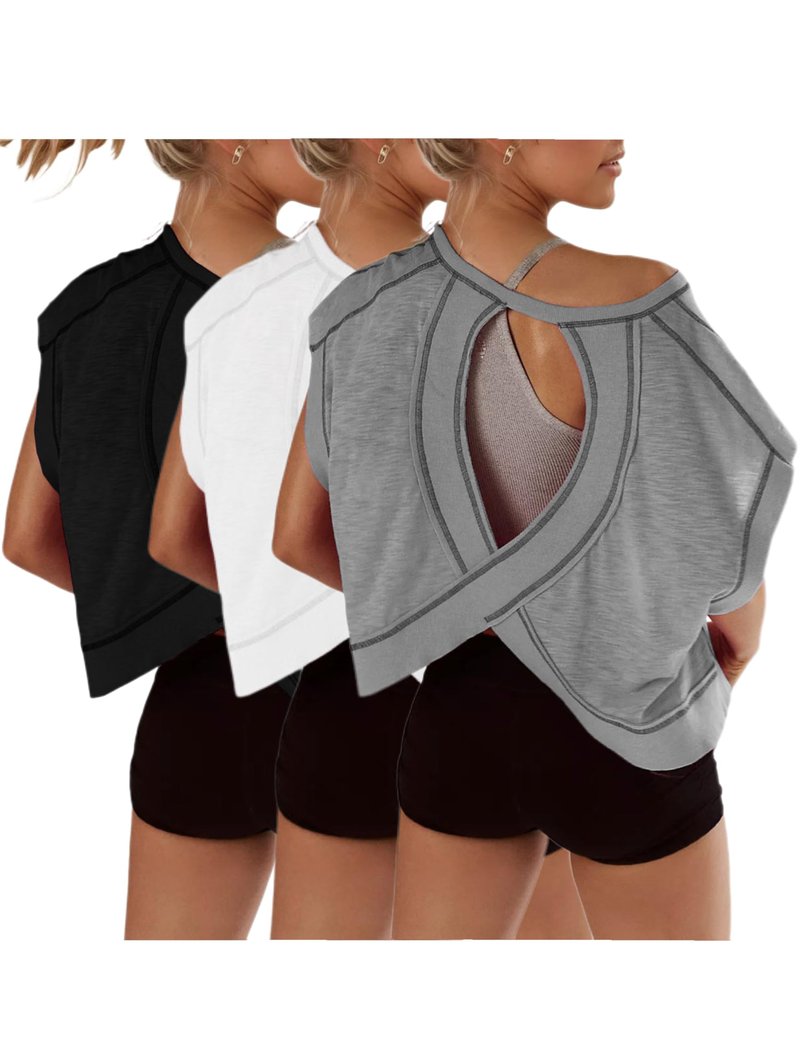 Womens 3 Pack Open Back Tops Casual Short Sleeve Workout Shirts Y2k Crop Athletic Tops Gym Yoga Running Tees(Black&White&Grey,S)