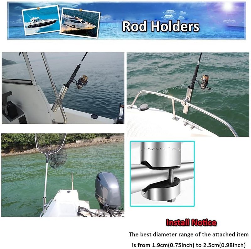 Rail Mount Rod Clamp Holders - Adjustable Stainless Steel Fishing Rod Holder for Kayak & Boat