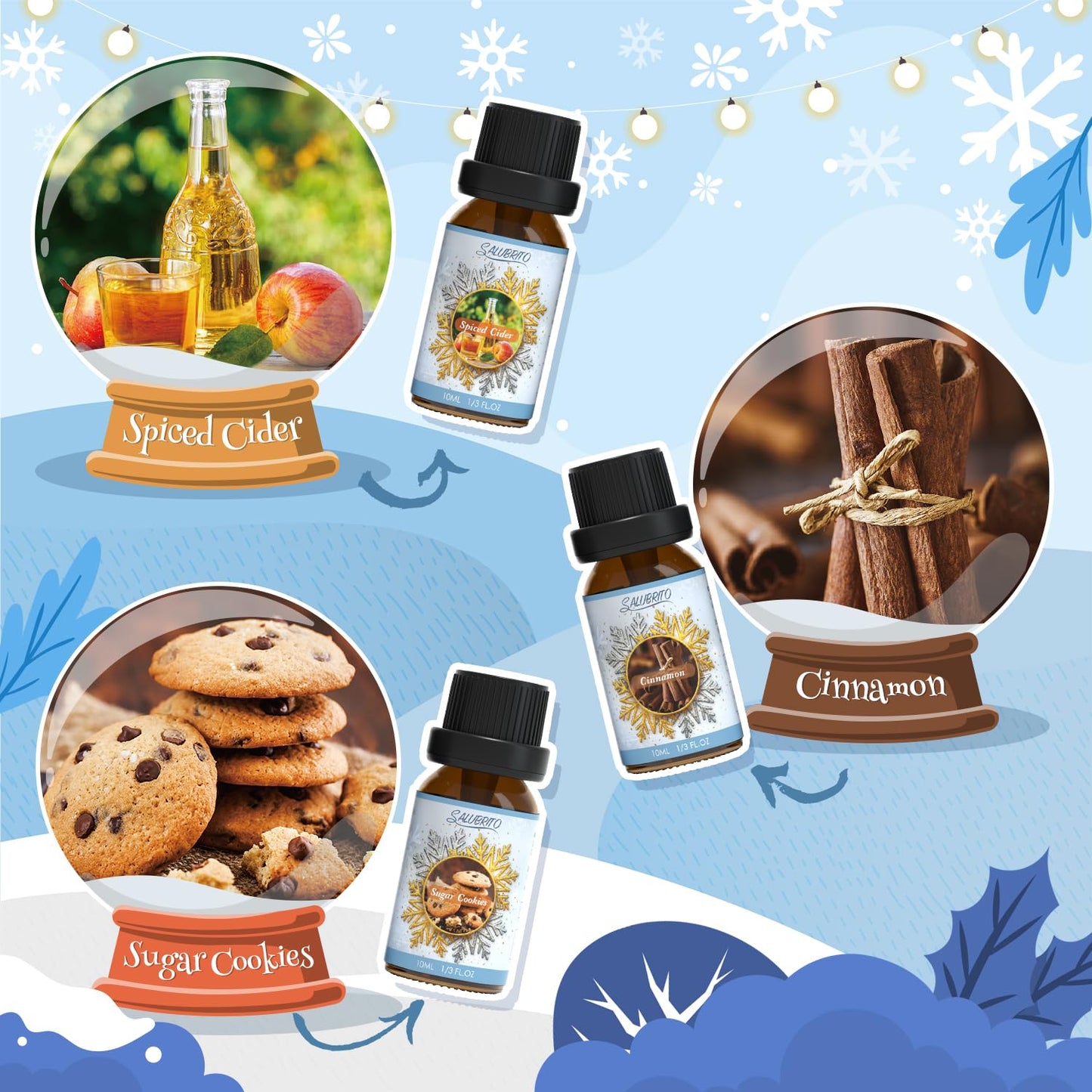 SALUBRITO Winter Fragrance Oils Set, Holiday Essential Oils for Diffuser, Candle, Soap Making - Christmas Tree, Cinnamon, Gingerbread, Candy Cane, Spiced Cider, Sugar Cookies Scented Oil
