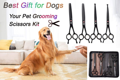 Dream Reach Professional 7.0 Inches Dog Grooming Scissors Kit Cutting Curved Scissors Thinning Shears Grooming Comb Pet Hair Trimming Scissors Set for Dogs and Cats (4-Set Blunt Tip)