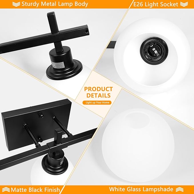 4-Light Modern Vanity Lighting Fixtures, Bathroom Wall Mounted Vanity Light,Black Bathroom Lighting Fixtures Over Mirror with Milky White Glass Lampshade for Bedroom, Living Room