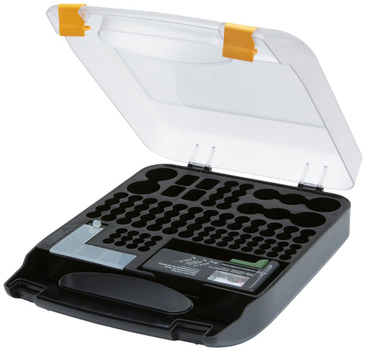 Amazon Basics Battery Organizer with Tester, Wall-Mounted Design, Handle Holds 110 Batteries, Clear/Black