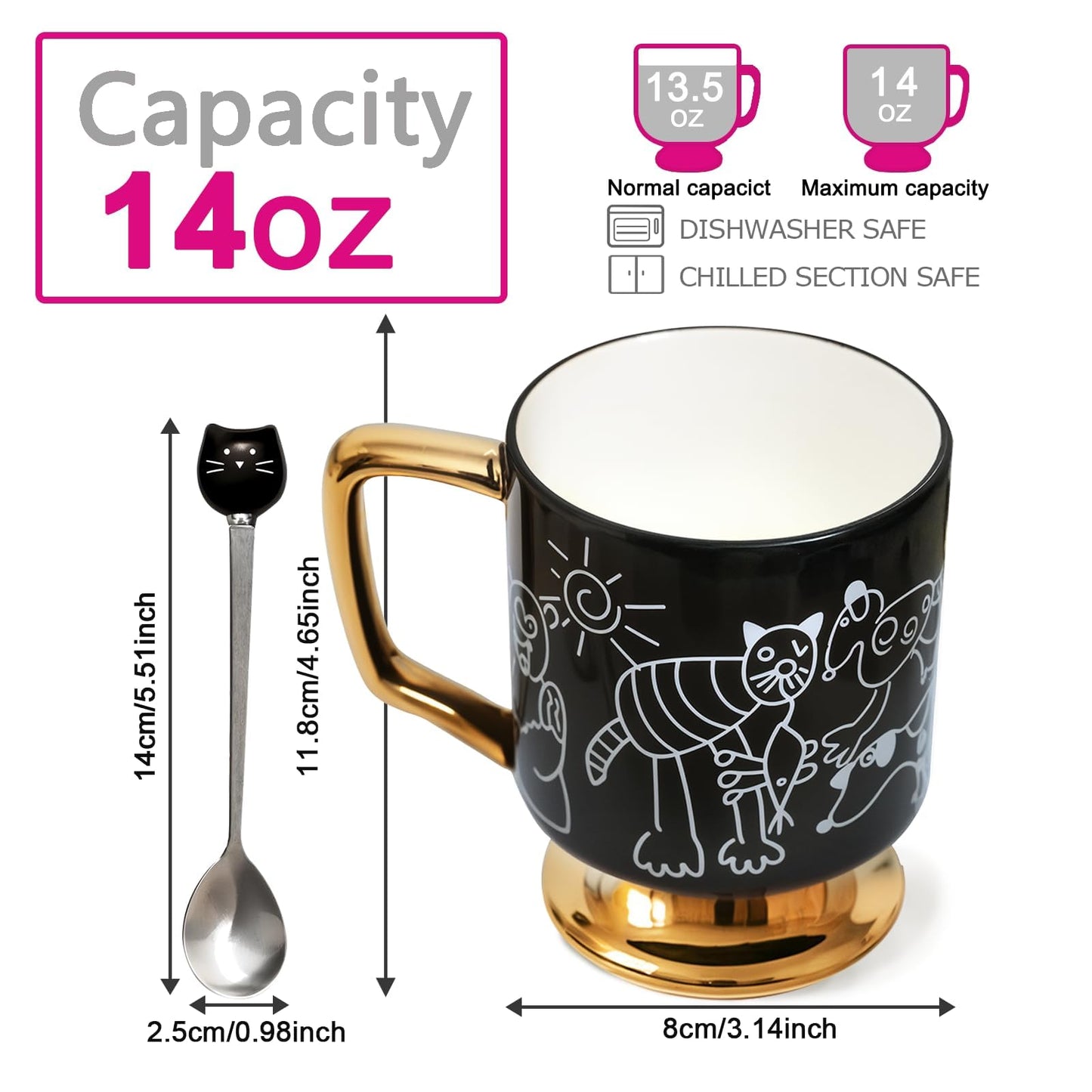xifengching Christmas Mugs Whimsical Animal Ceramic fun Coffee Mug – 14oz Childlike Hand-Drawn Cat, Dog & Bear Design – Cute gothic Coffee Cup Gift for Women, Girls, Kids (Black)