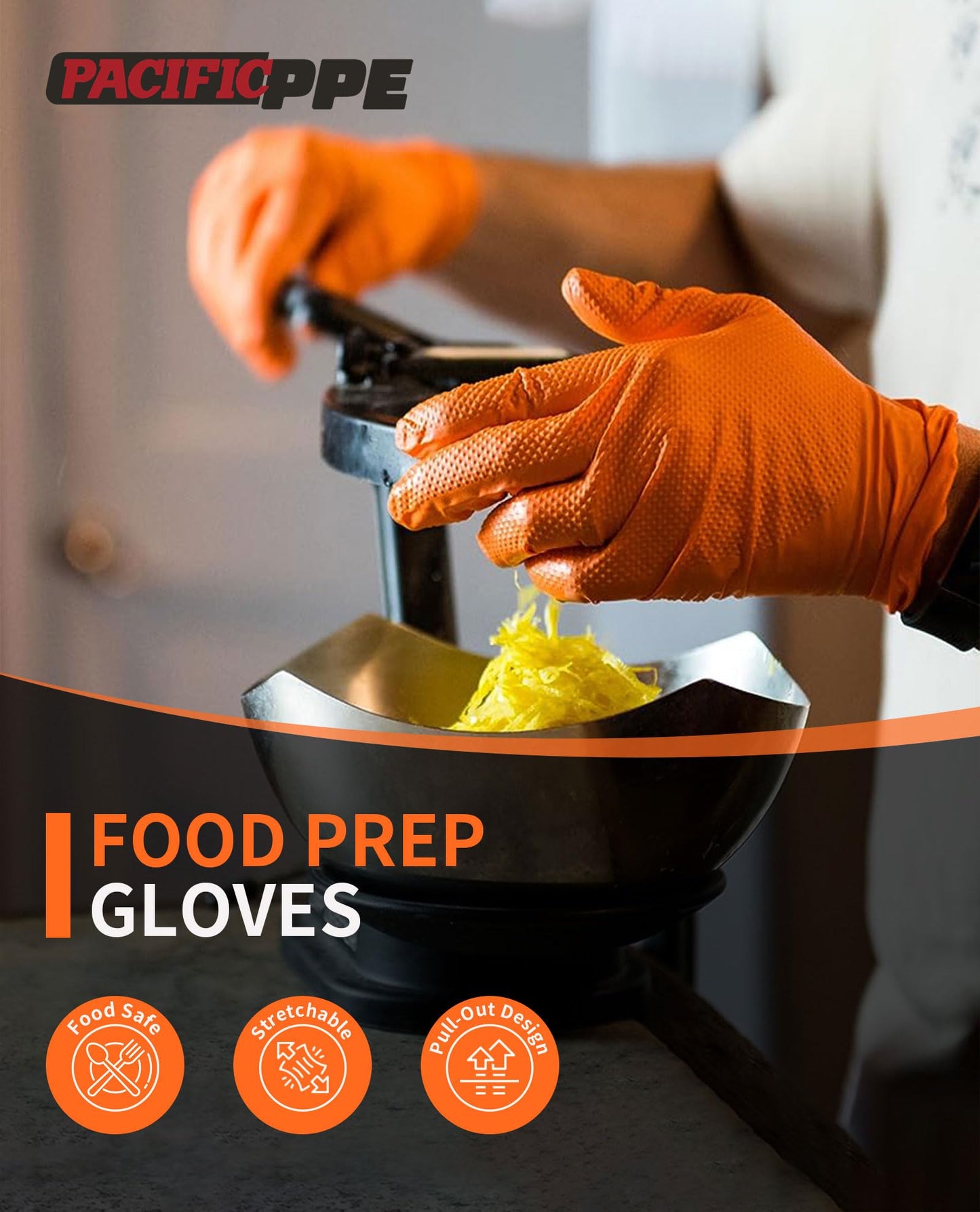 PACIFIC 8-mil Orange Nitrile Disposable Gloves, Heavy-Duty, Industrial, Mechanic, Diamond Textured, Latex & Powder Free, EN 374, Medium