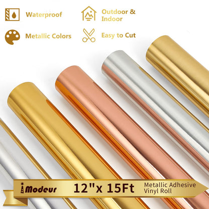 IModeur Metallic Permanent Vinyl Roll, 12" x 15Ft（30.5cm x 4.58m） Glossy Gold Permanent Vinyl for Cricut, Self Adhesive Vinyl for DIY Gifts, Birthday Party, Christmas Decoration