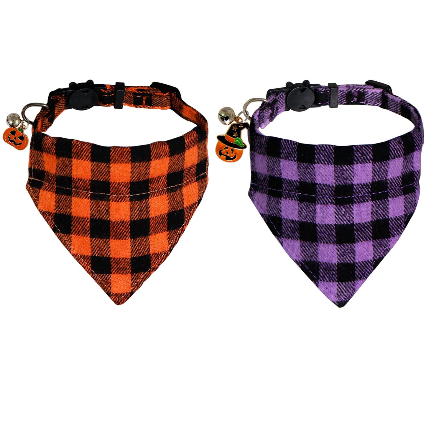 STMK 2 Pack Halloween Cat Bandana Collar with Bell, Breakaway Halloween Cat Kitten Bandana Collar with Bell Pumpkin for Halloween Cats Kittens Costume Decorations, Orange and Purple